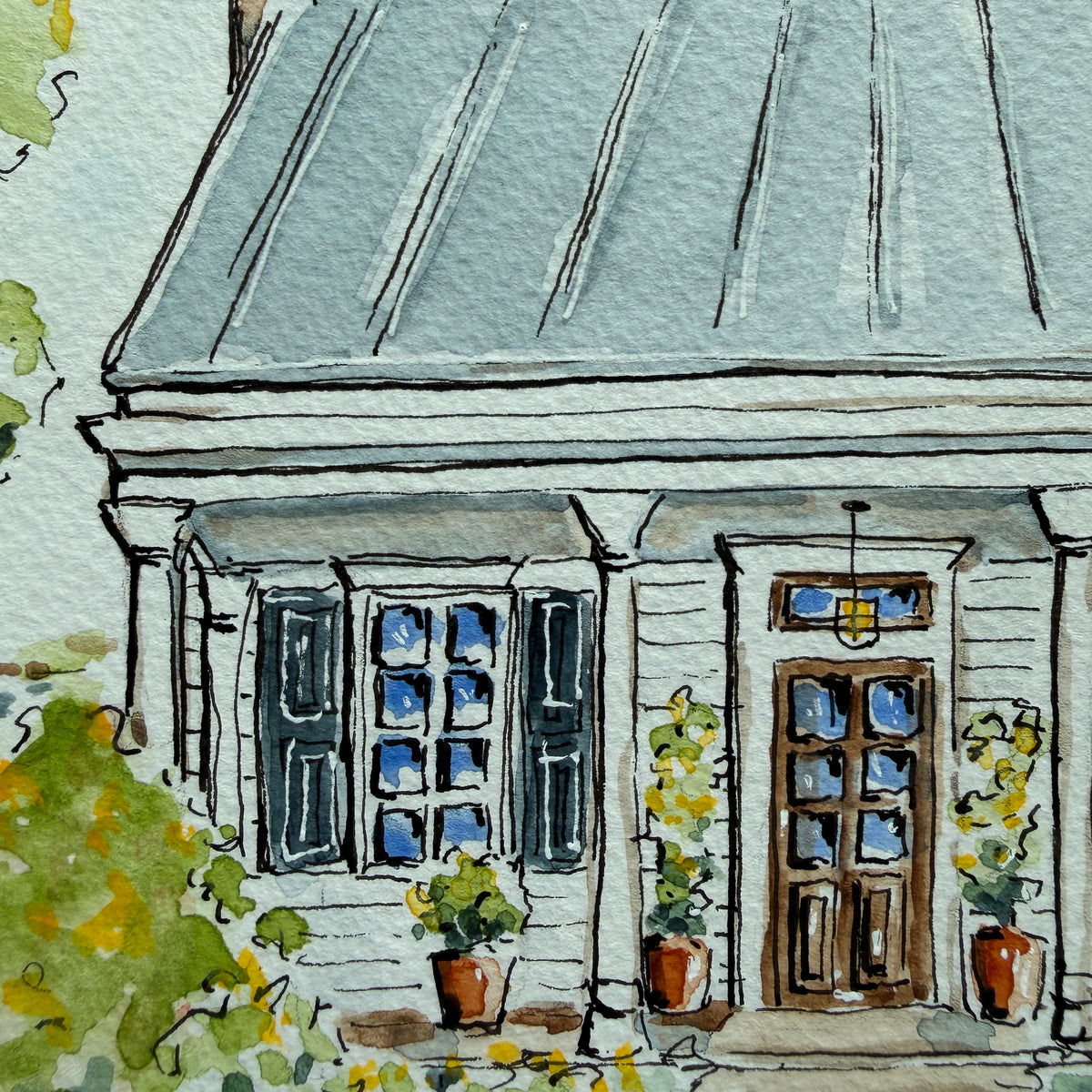 Close-up of the white porch cottage watercolor showing the tin roof, shutters, lantern and terracotta pots
