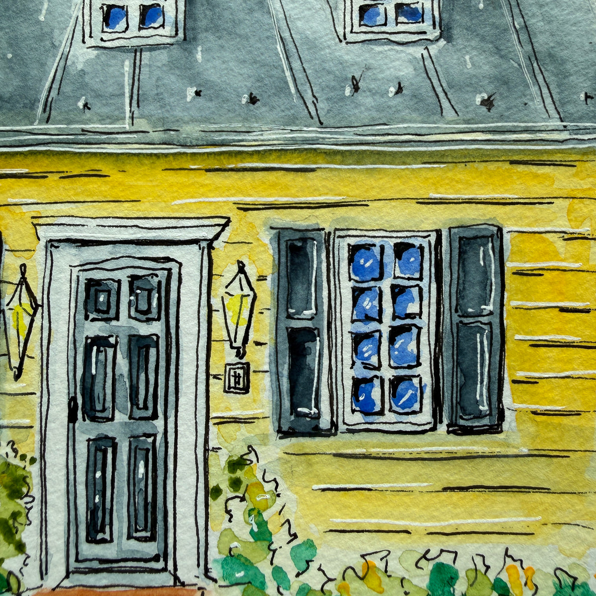 Close-up of the yellow colonial watercolor showing the gray front door, lantern and shuttered window