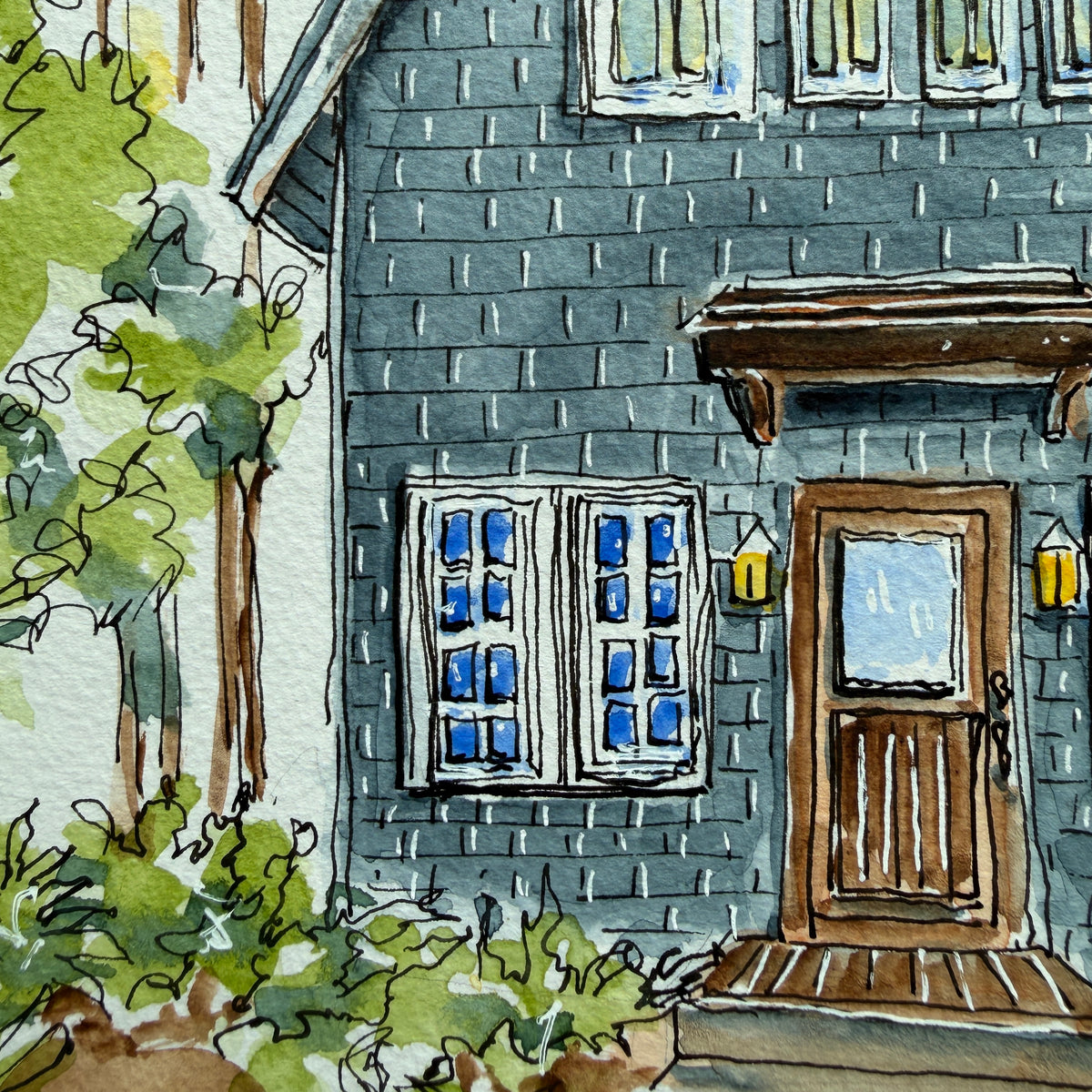 Close-up of the blue shingle cottage watercolor showing the wooden door, lanterns and blue windows