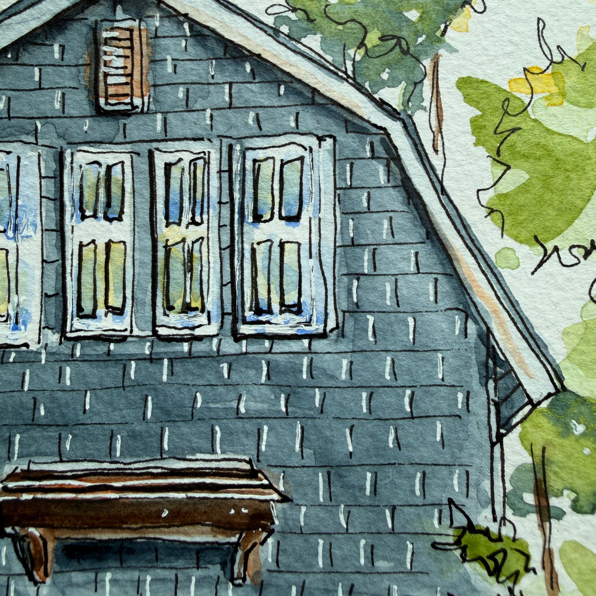 Detail of the blue shingle cottage watercolor showing the upper windows, shingles and gambrel roofline