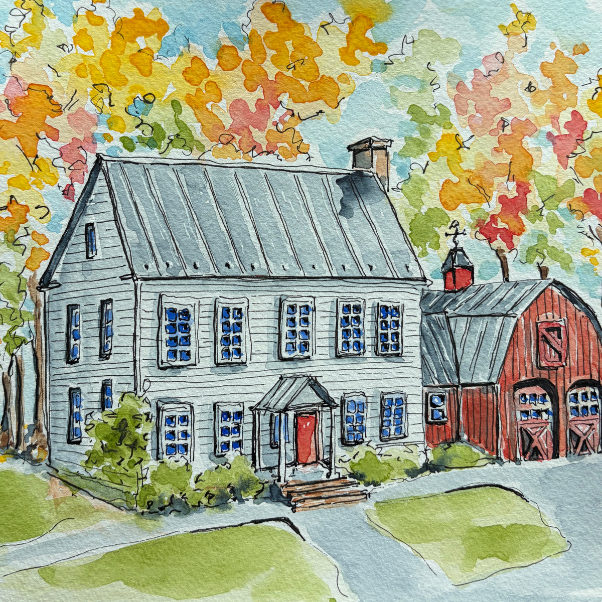 Watercolor and ink painting of a gray clapboard farmhouse with a red front door beside a red barn with a cupola and weathervane under autumn trees