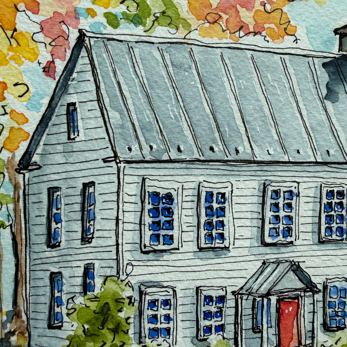 Close-up of the farmhouse watercolor showing the standing seam roof, blue windows and red front door