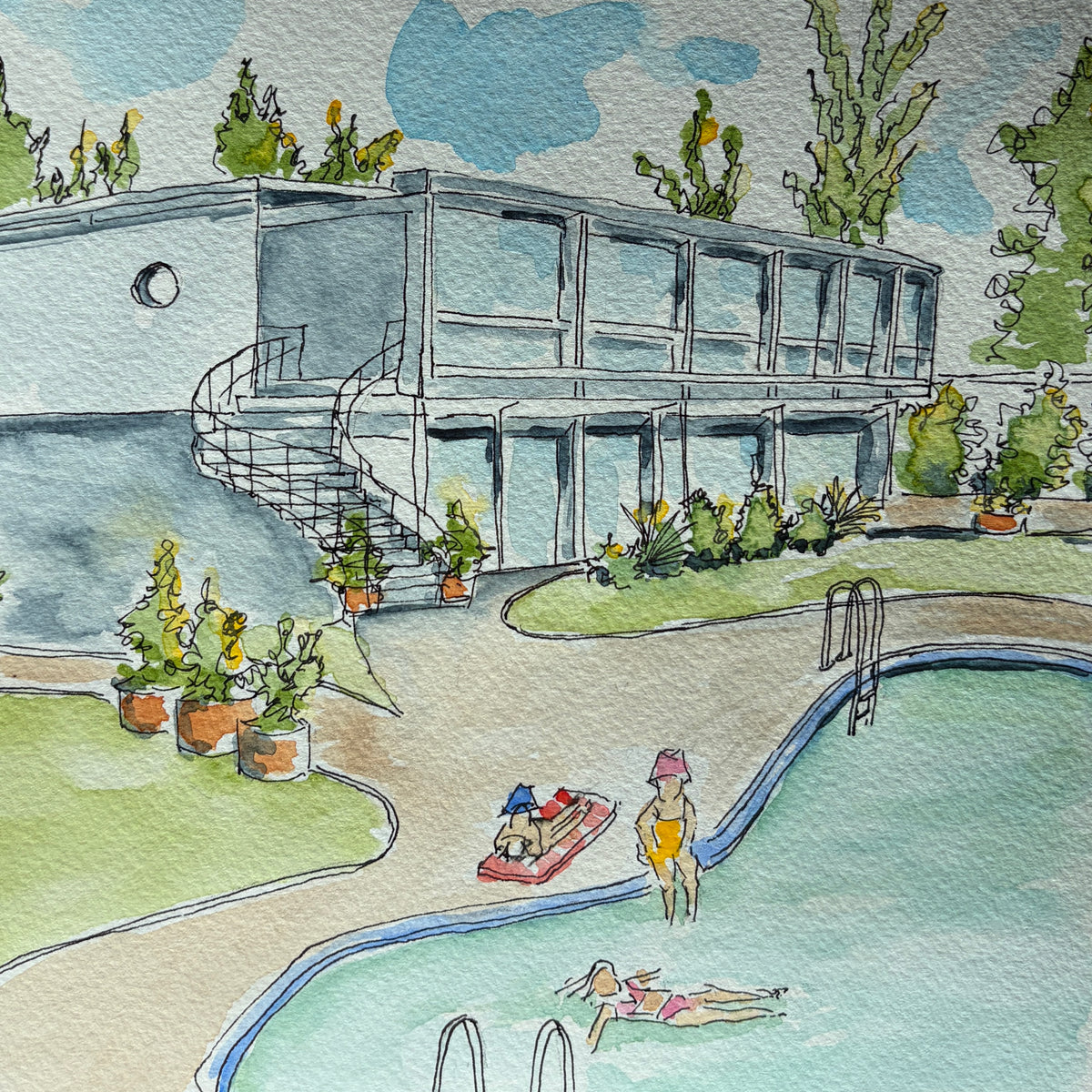 Watercolor and ink painting of a midcentury modern house with a spiral staircase, kidney-shaped pool, swimmers in bucket hats and a pink pool float