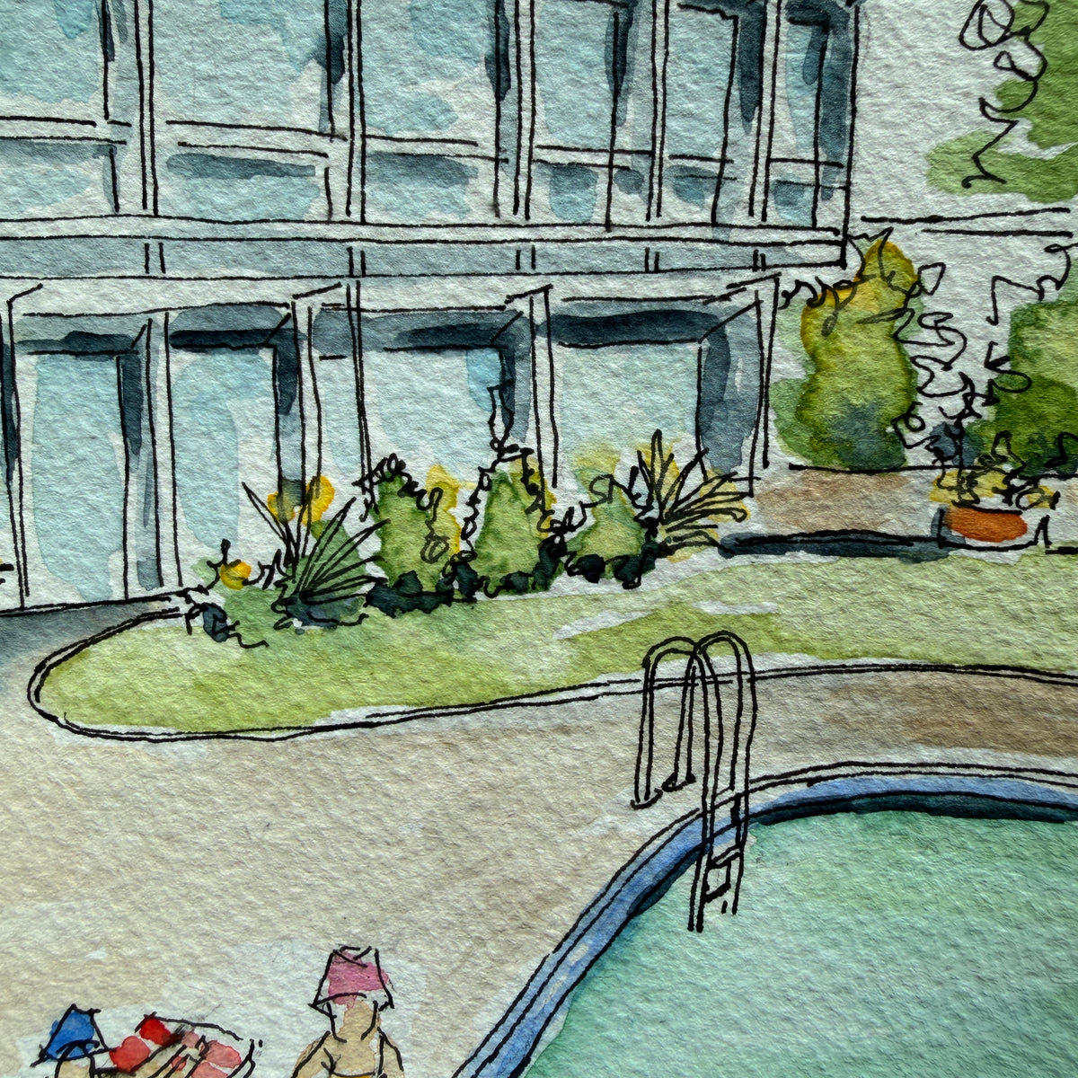 Close-up of the pool house watercolor showing the pool ladder, lawn and wall of windows