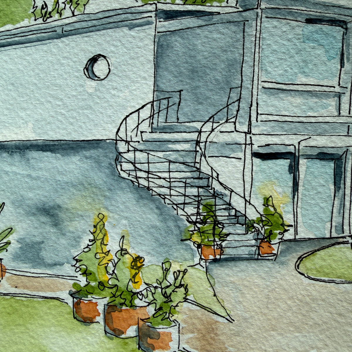 Detail of the pool house watercolor showing the spiral staircase, porthole window and potted plants