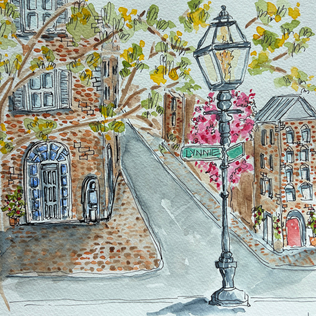 Watercolor and ink painting of a gas street lamp with a green Lynnie street sign, pink bougainvillea, brick buildings and an arched blue door