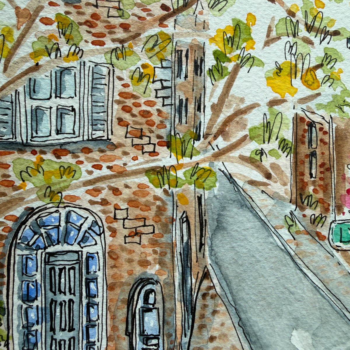 Detail of the Lynnie Street watercolor showing the arched blue door, brick wall and tree branches