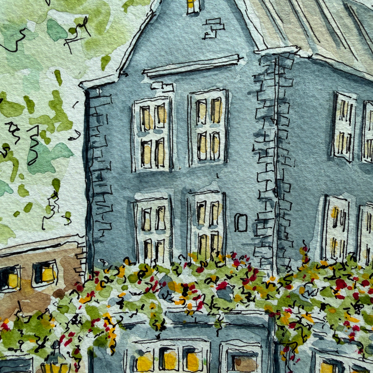 Close-up of the blue townhouse watercolor showing stone quoins, white windows and red and yellow blooms