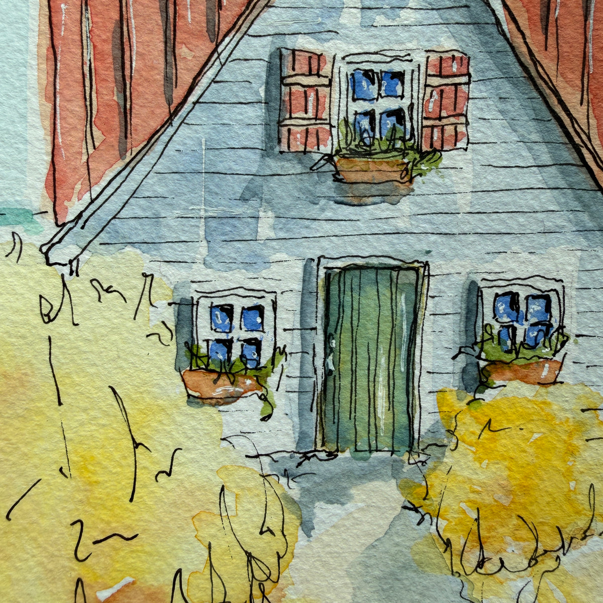 Close-up of the seaside cottage watercolor showing the green door, red shutters and window boxes