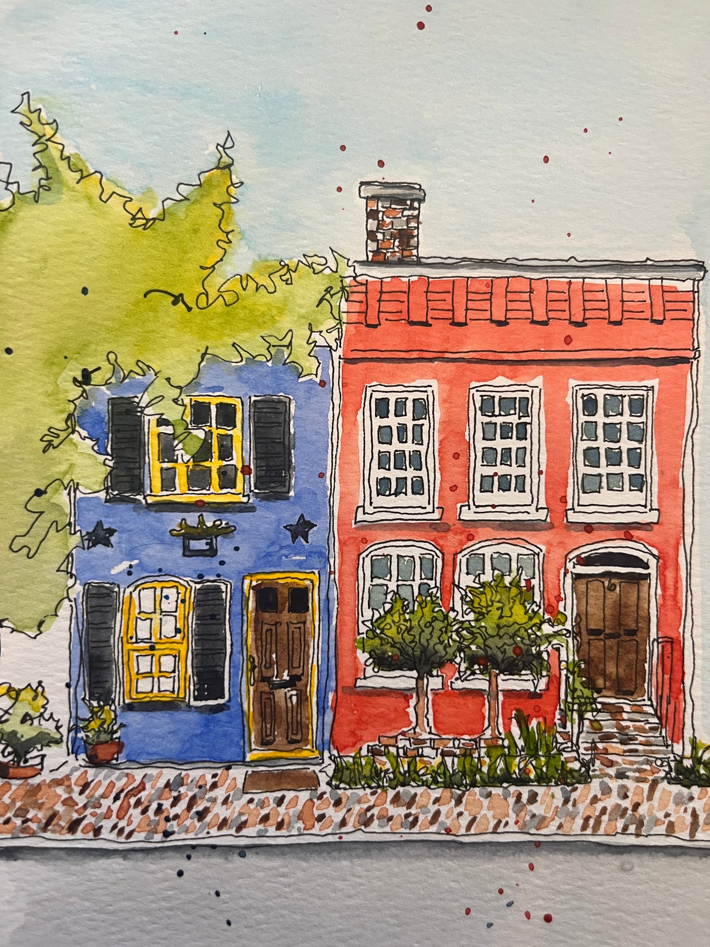 Colorful Neighbors Brick Row Houses, original watercolor by Lynnie Broos Art
