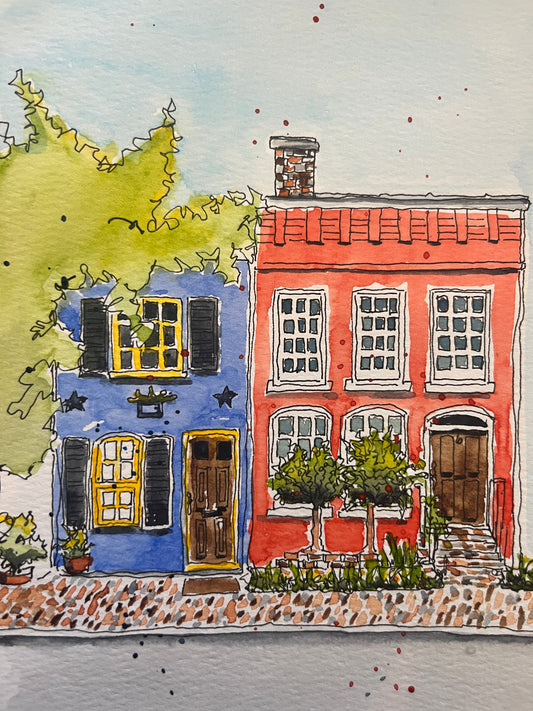 Colorful Neighbors Brick Row Houses, original watercolor by Lynnie Broos Art