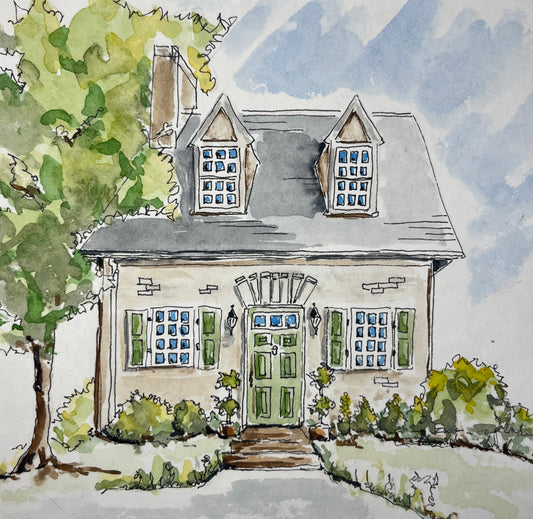Green Shutter Cottage, original watercolor by Lynnie Broos Art