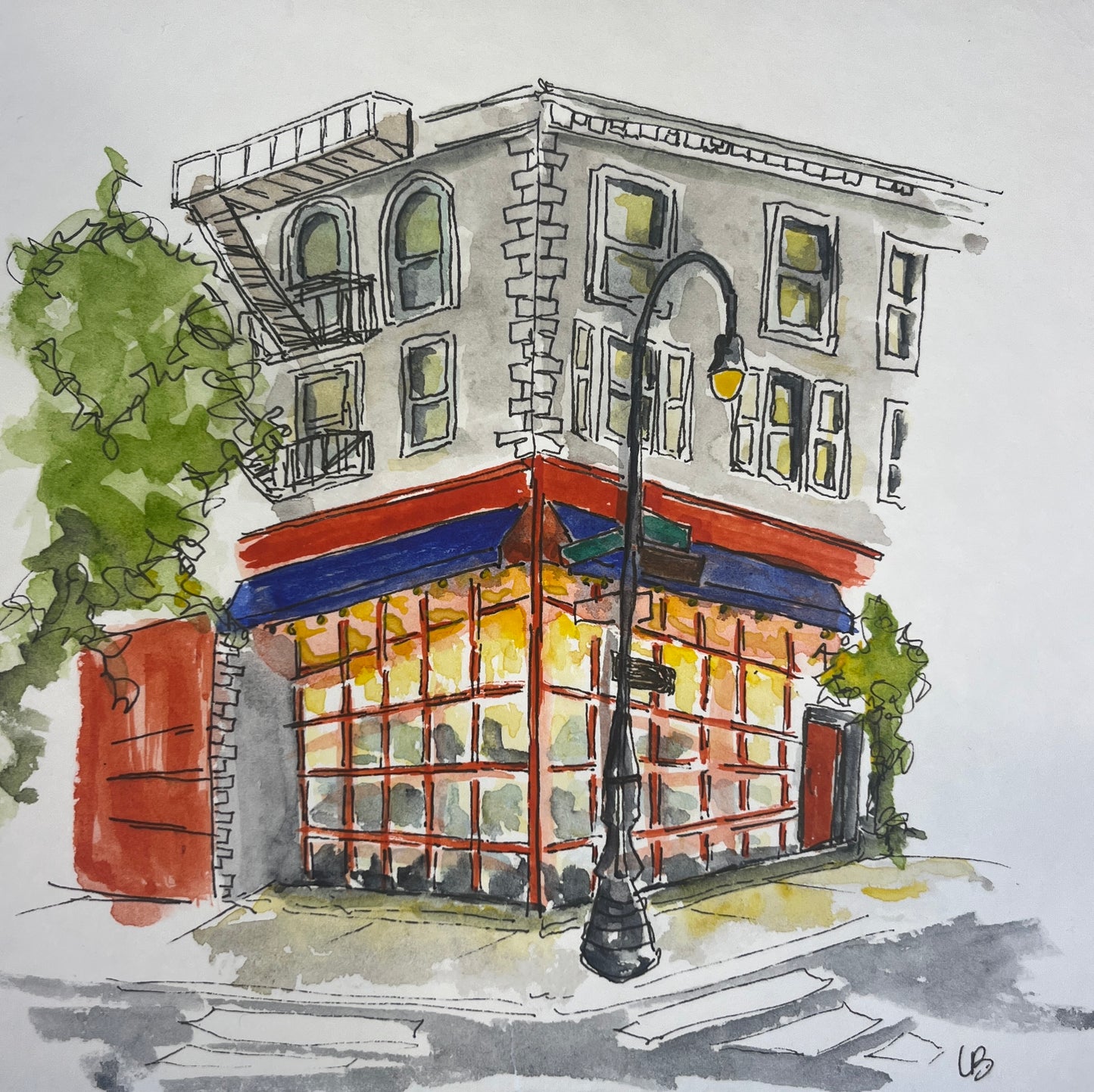 NYC Evening Food Spot, original watercolor by Lynnie Broos Art