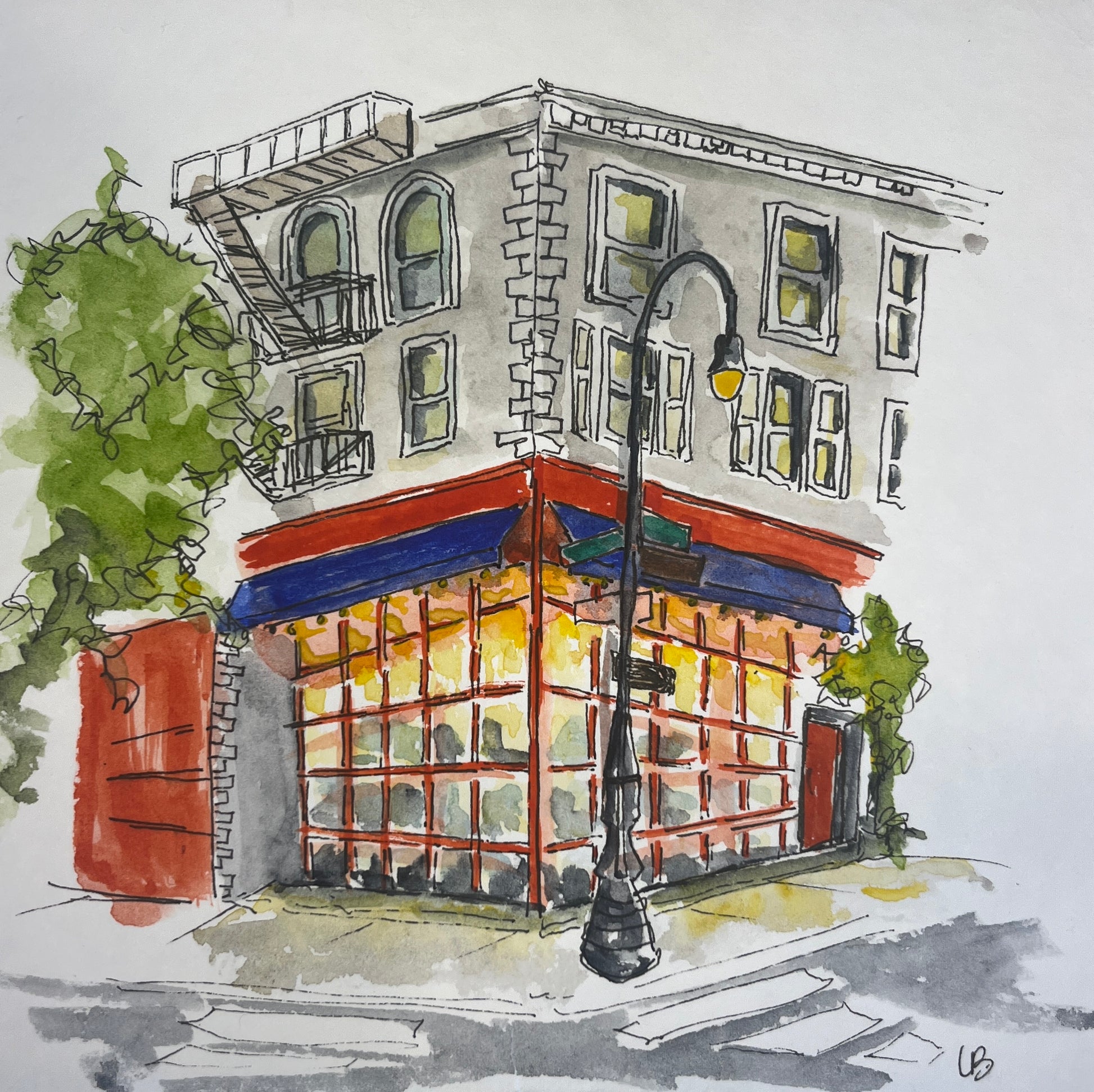NYC Evening Food Spot, original watercolor by Lynnie Broos Art