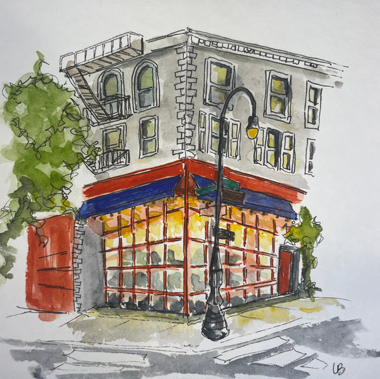 NYC Evening Food Spot, original watercolor by Lynnie Broos Art