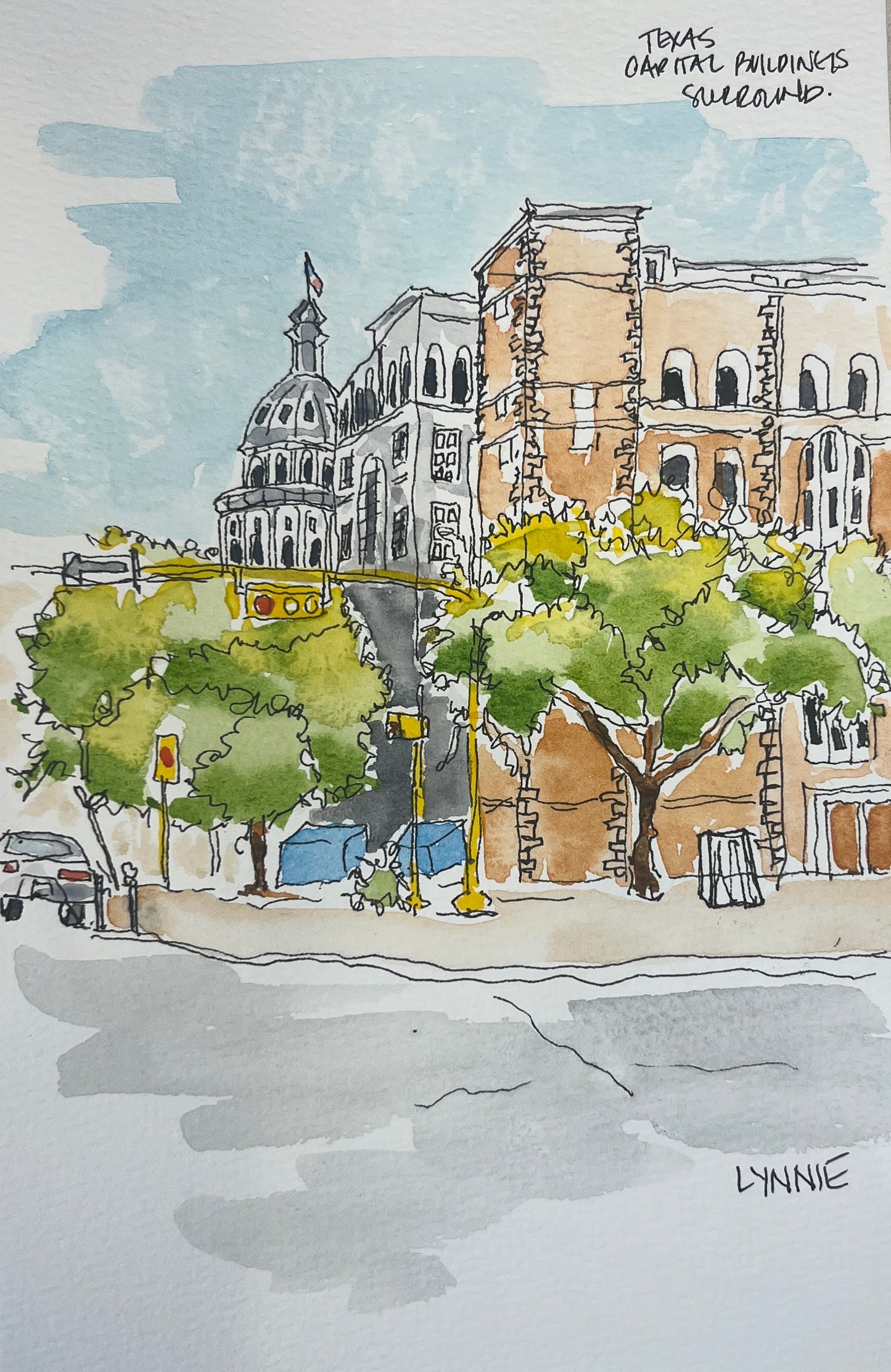 Downtown Austin, original watercolor by Lynnie Broos Art