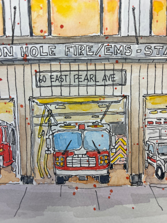 Jackson Hole Fire Station, original watercolor by Lynnie Broos Art