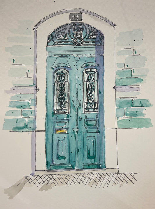 Blue Door Double, original watercolor by Lynnie Broos Art