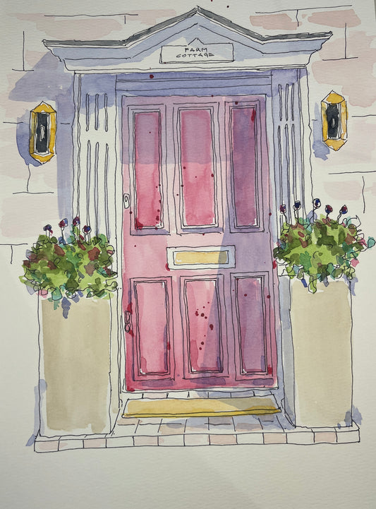 Pink Door in Shadow, original watercolor by Lynnie Broos Art