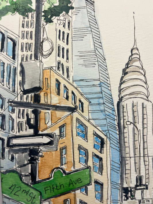 Ode to 42nd and Fifth Ave NYC, original watercolor by Lynnie Broos Art