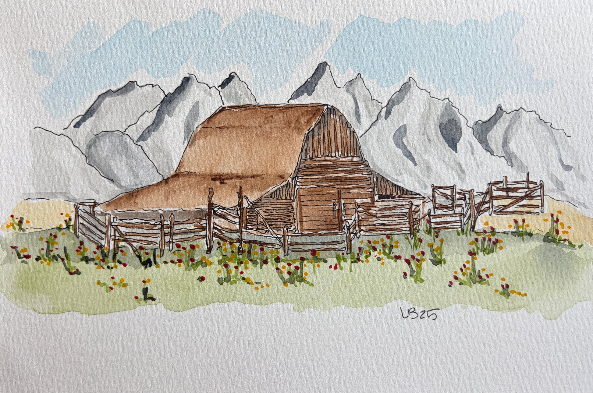 This is a watercolor and ink painting depicting a historic barn on Mormon Row with the Grand Teton mountains in the background.The scene features the rustic wooden structure surrounded by wild flowers and a wooden fence.The painting style combines delicate watercolor washes for the sky and mountains with fine ink lines to define the barn's texture and details