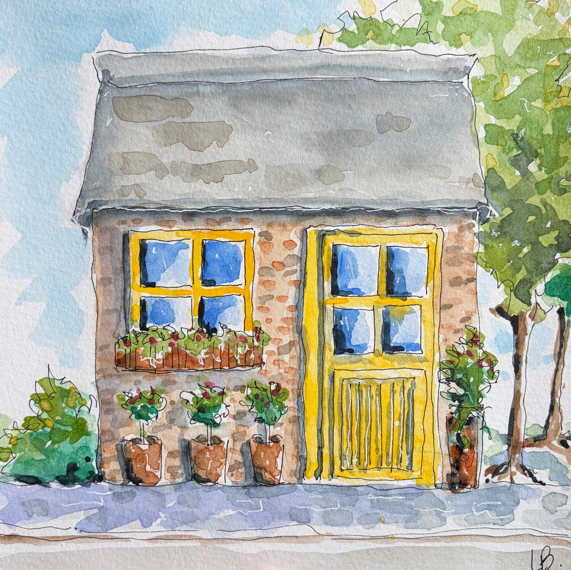 Loose watercolor and ink painting of a house — finished tutorial artwork by Lynnie Broos